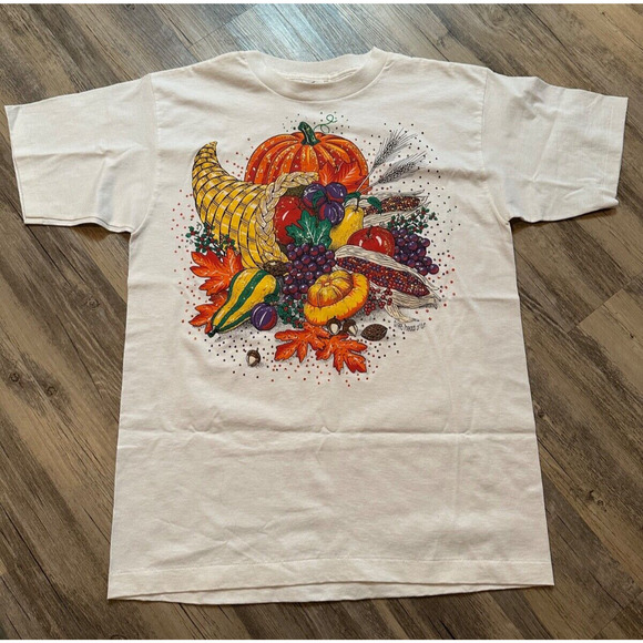 VTG 80s 90s Thanksgiving Shirt Single Stitch Glitter Cornucopia Women's Large - Picture 1 of 8